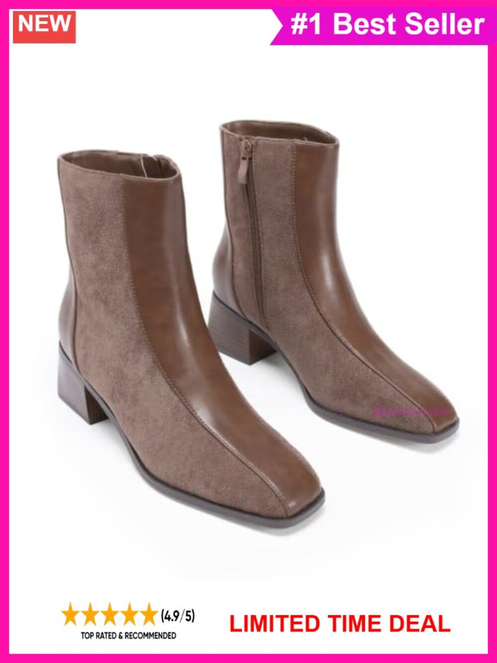 Square Toe Ankle Boots Chunky Block Heel Side Zipper PU Patchwork Booties